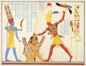 O deus Amon oferece uma arma falsa ao faraó Ramsés III ao atacar dois inimigos capturados, 1835-45